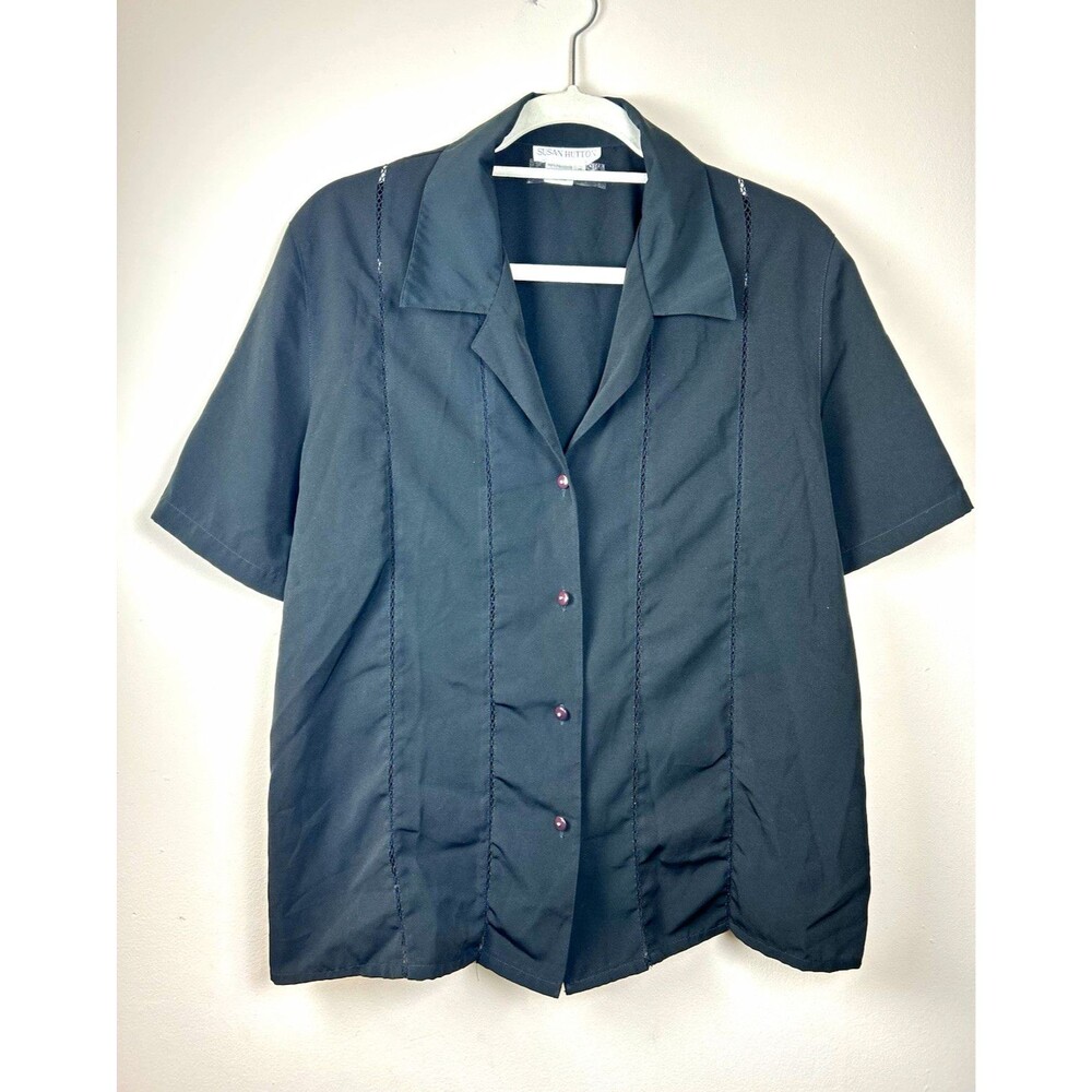 Vintage Susan Hutton 12 Black Solid Button-Front Collared Short Sleeve Blouse
